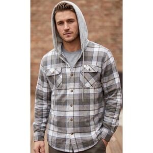 Wrangler Authentics Mens Hooded Flannel Shirt Jacket Quilted Lined Plaid Grey L